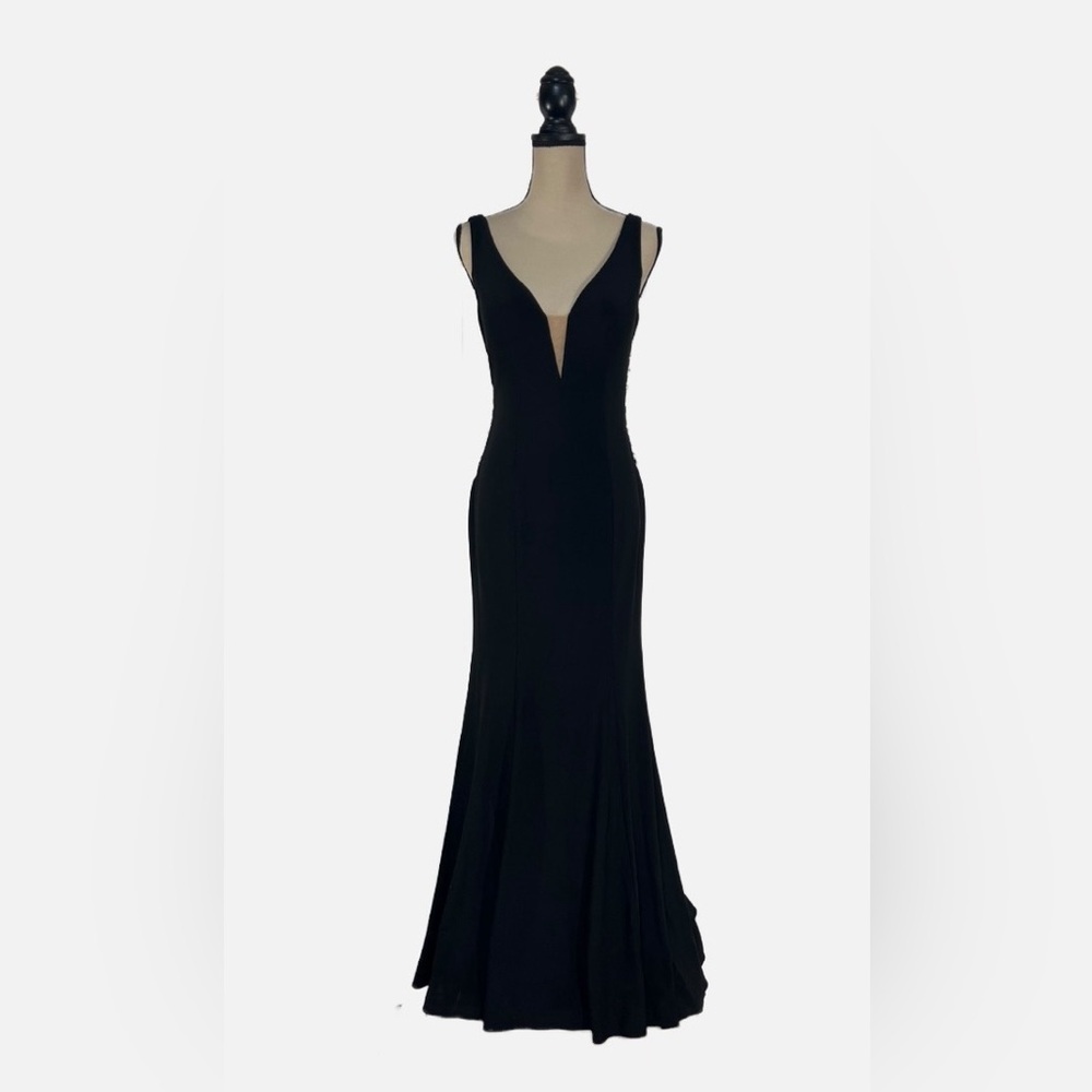 Xscape Black Nude Mesh Plunge Gown Corset Lace Crystal Inset Formal size 10 Long